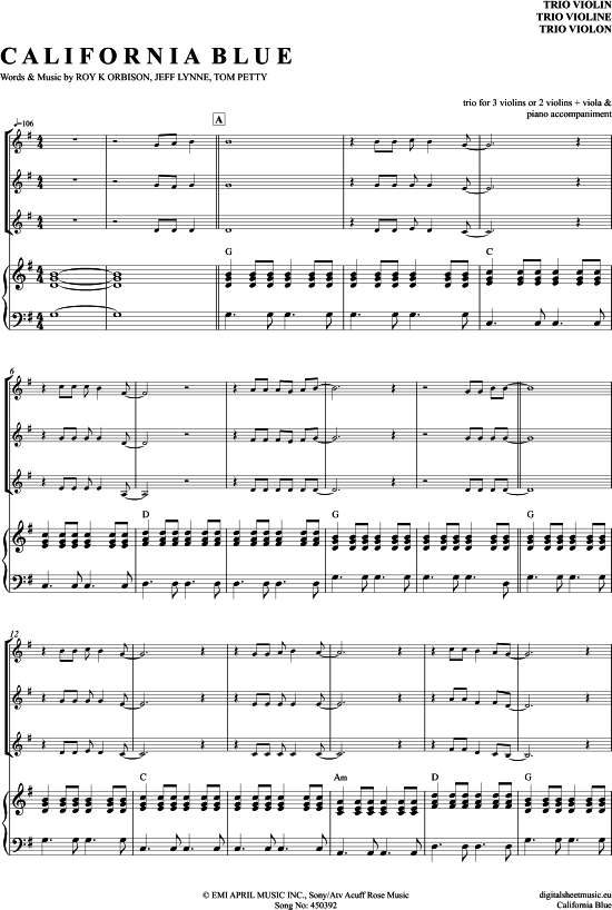California Blue (Violinen Trio + Klavier) (Trio (Violine)) von Roy Orbison