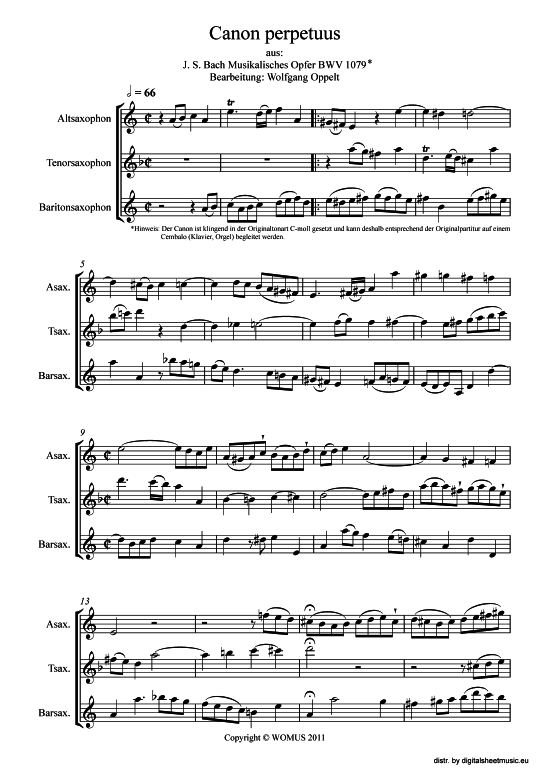 Canon perpetuus aus Musikalisches Opfer BWV 1079 (Saxophon Trio ATB) (Trio (Saxophon)) von Johann Sebastian Bach (arr. WO)