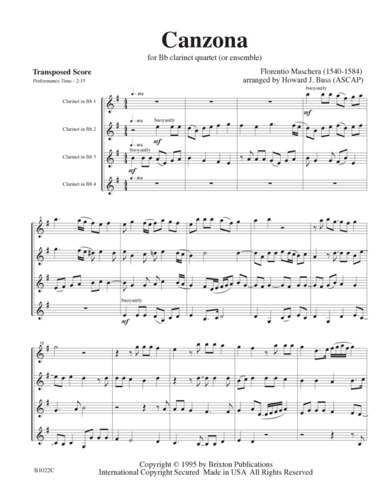 Canzona (4 Klarinetten) (Quartett (Klarinette)) von Florentio Maschera