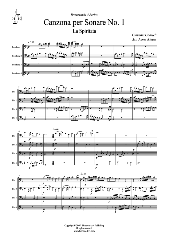 Canzona per Sonare Nr. 1 - La Spiritata (Posaunen-Quartett) (Quartett (Posaune)) von Giovanni Gabrieli