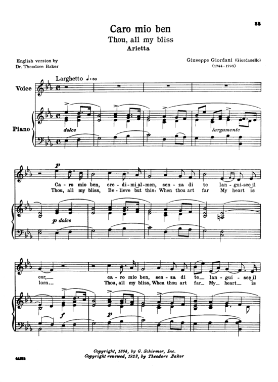 Caro mio ben (Gesang mittel + Klavier) (Klavier  Gesang mittel) von Giuseppe Giordani