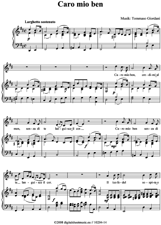 Caro mio ben (Trauungsgesang) (Klavier  Gesang) von Tommaso Giordani
