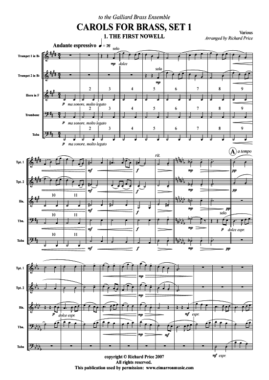 Carols for Brass Set 1 (Blechbl auml serquintett) (Quintett (Blech Brass)) von Weihnachten (arr. Richard Price)