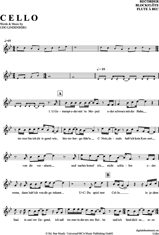 Cello (Blockfl te) (Blockfl te) von Udo Lindenberg