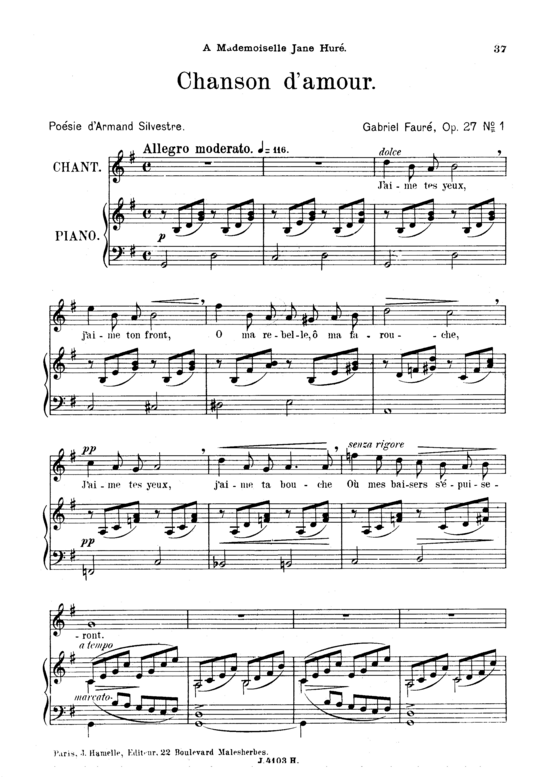 Chanson d acute amour Op.27 No.1 (Gesang hoch + Klavier) (Klavier  Gesang hoch) von Gabriel Faur eacute 