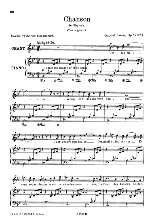 Chanson Op.57 No.1 (Gesang hoch + Klavier) (Klavier  Gesang hoch) von Gabriel Faur eacute 