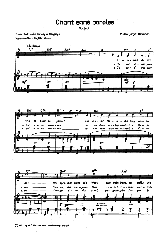 Chant sans paroles (Klavier + Gesang) (Klavier Gesang  Gitarre) von J uuml rgen Herman und sein Tanzstreichorchester