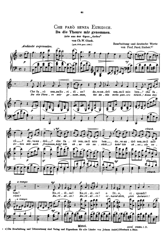 Che faro senza Euridice (Gesang mittel + Klavier) (Klavier  Gesang mittel) von Christoph Willibald Gluck