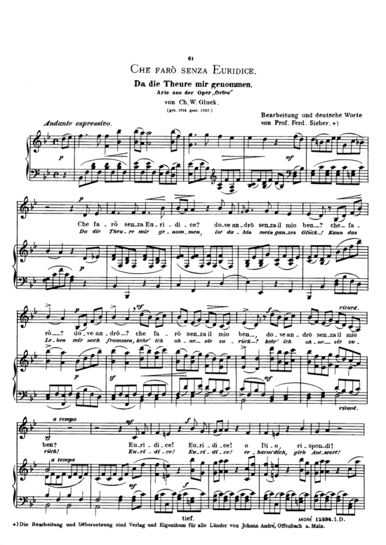 Che faro senza Euridice (Gesang tief + Klavier) (Klavier  Gesang tief) von Christoph Willibald Gluck