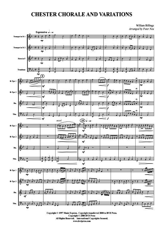Chester Chorale (2xTromp in B Horn in F (Pos) Pos) (Quartett (Blech Brass)) von William Billings (arr. Neu)