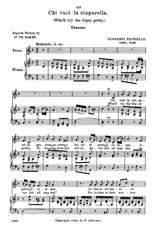Chi vuol la zingarella (Gesang mittel + Klavier) (Klavier  Gesang mittel) von Giovanni Paisiello