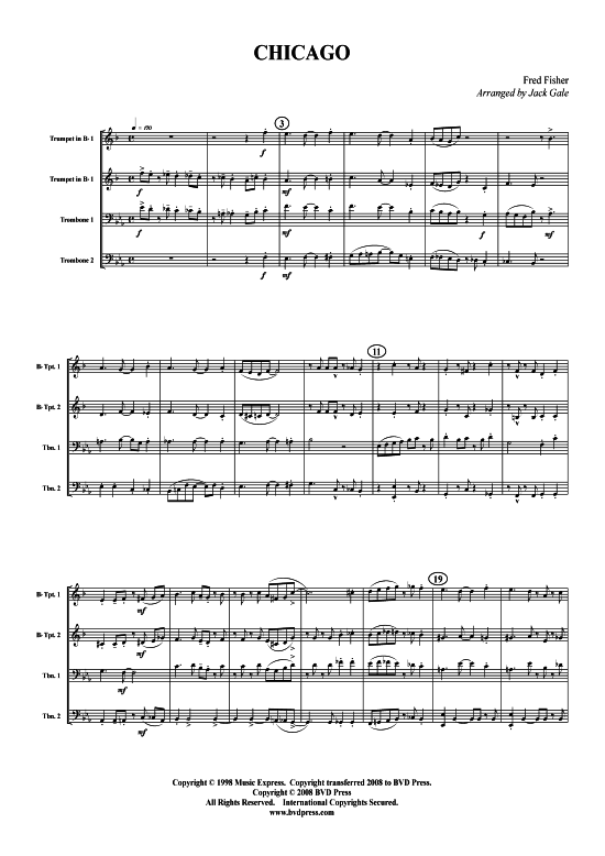 Chicago (2xTromp in B Horn in F (Pos) Pos) (Quartett (Blech Brass)) von Fred Fisher (arr. Jack Gale)