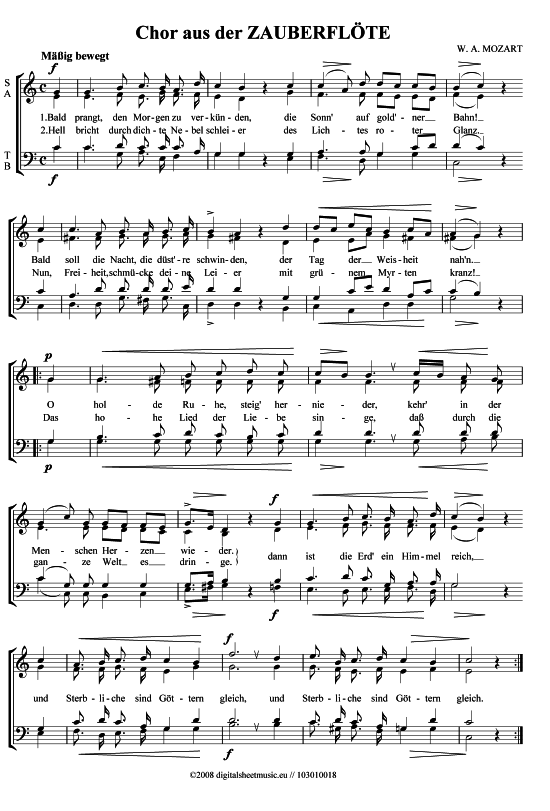 Chor aus der Zauberfl te (Gemischter Chor) (Gemischter Chor) von Wolfgang Amadeus Mozart (1756-1791)