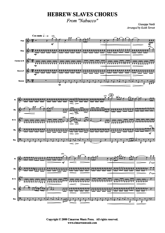 Chor der Gefangenen (Va pensiero) (Holzbl auml ser-Quintett) (Quintett (Holzbl ser)) von Giuseppe Verdi (aus Nabucco)