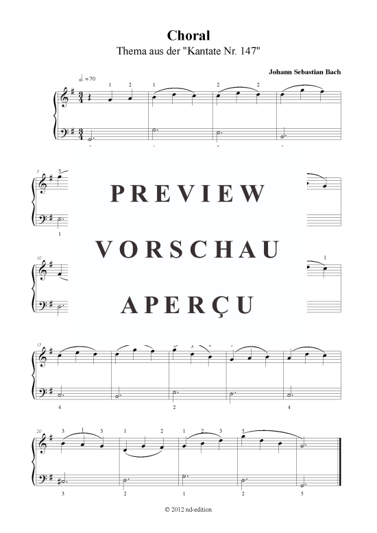 Choral (Klavier solo einfach) (Klavier einfach) von J. S. Bach (Thema bearb. aus BWV 147)