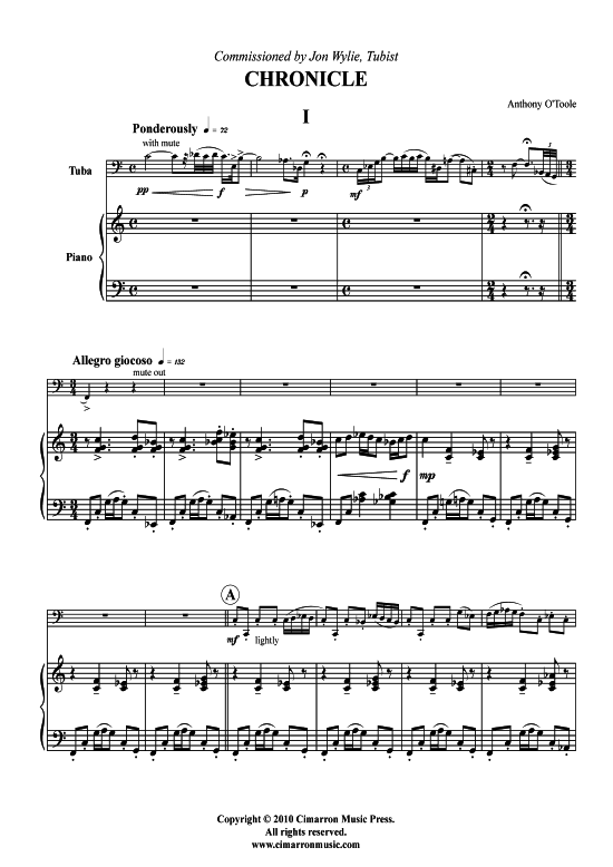 Chronicle 150 3 S auml tze (Tuba + Klavier) (Klavier  Tuba) von Anthony O Toole