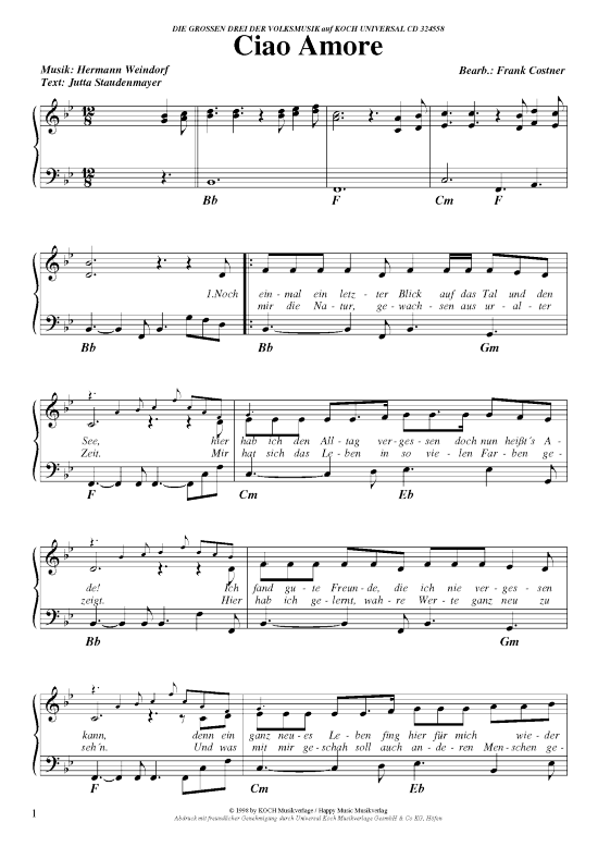 Ciao Amore (Klavier + Gesang) (Klavier Gesang  Gitarre) von Die Grossen Drei der Volksmusik