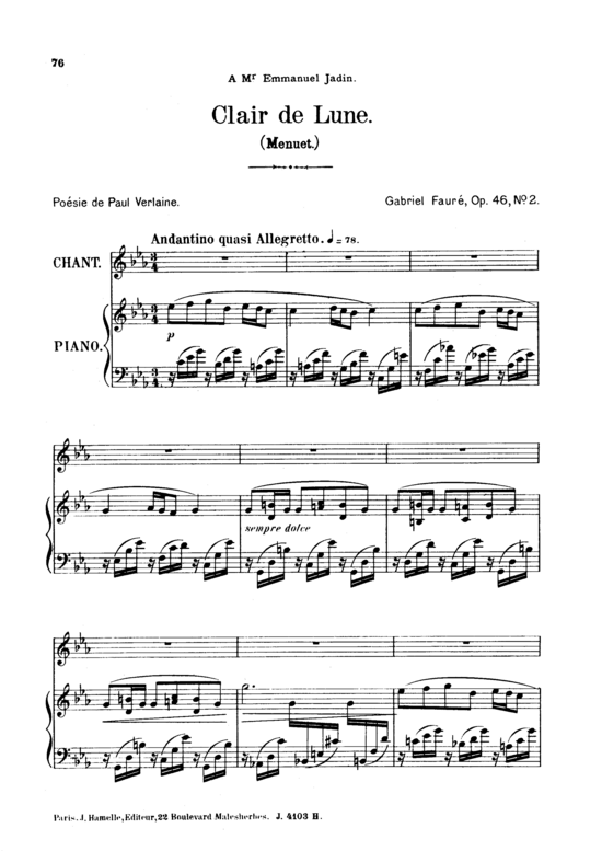 Clair de lune Op.46 No.2 (Gesang hoch + Klavier) (Klavier  Gesang hoch) von Gabriel Faur eacute 