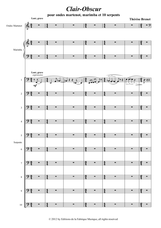 Clair-obsucr (ondes martenot  marimba  ten serpents) (Ensemble (Gemischt)) von Th eacute r egrave se Brenet
