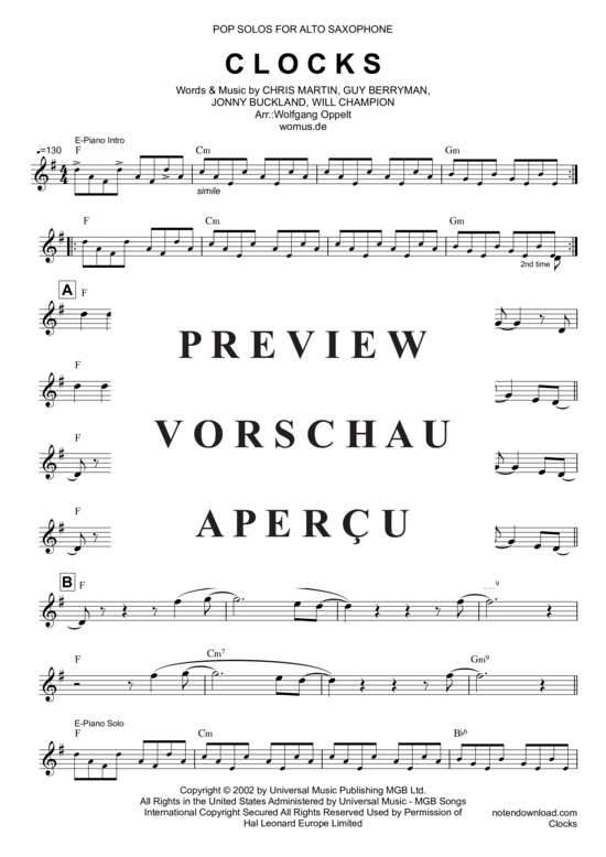 Clocks (Alt Saxophon Solo +Akkorde) (Leadsheet) (Alt Saxophon) von Coldplay (arr. WO)
