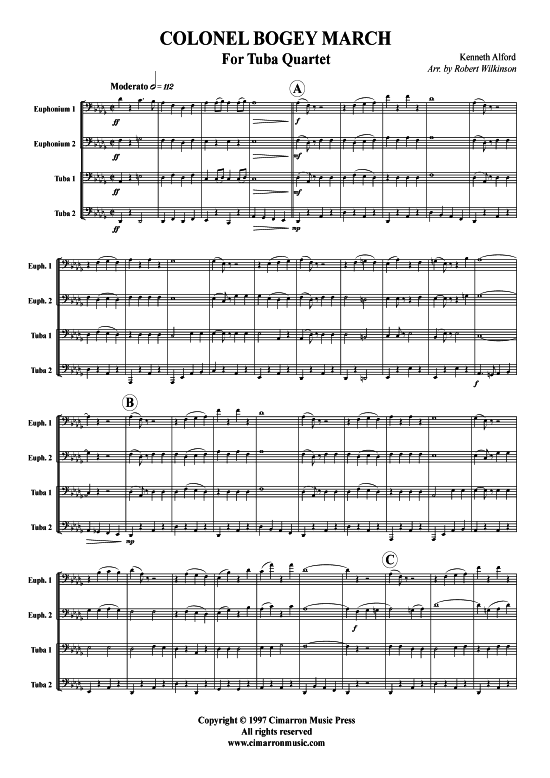 Colonel Bogey Marsch (Tuba Quartett 2x Bariton 2xTuba) (Quartett (Tuba)) von Kenneth Alford