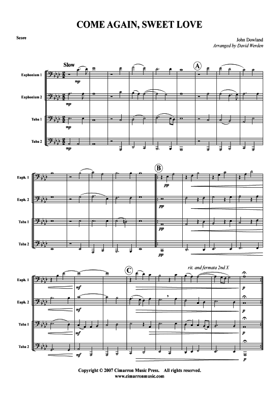 Come Again Sweet Love (Tuba Quartett 2x Bariton 2xTuba) (Quartett (Tuba)) von John Dowland
