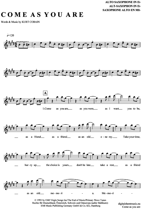 Come as you are (Alt-Sax) (Alt Saxophon) von Nirvana