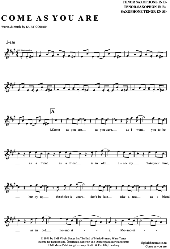 Come as you are (Tenor-Sax) (Tenor Saxophon) von Nirvana