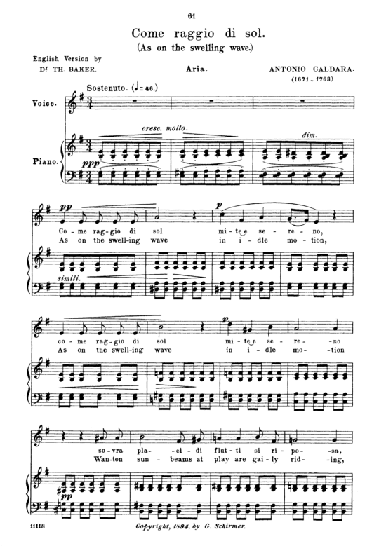 Come raggio di sol (Gesang mittel + Klavier) (Klavier  Gesang mittel) von Antonio Caldara