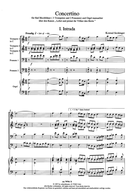 Concertino (Blechbl auml serquintett + Orgel) Partitur (Quintett (Blech Brass)) von Konrad Seckinger (3 S auml tze)