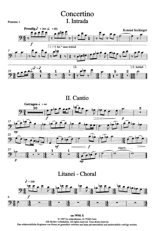 Concertino (Blechbl auml serquintett + Orgel) Posaune 1 (Quintett (Blech Brass)) von Konrad Seckinger (3 S auml tze)