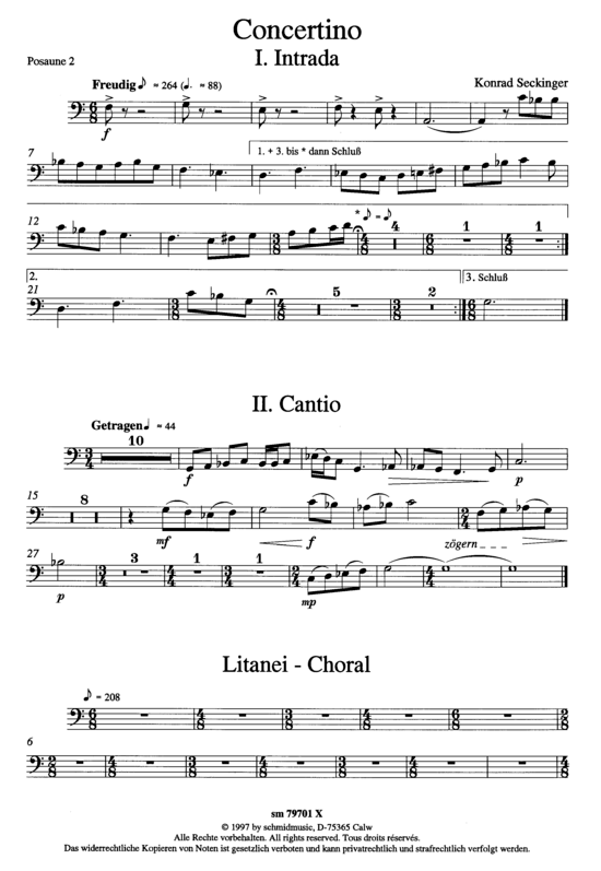 Concertino (Blechbl auml serquintett + Orgel) Posaune 2 (Quintett (Blech Brass)) von Konrad Seckinger (3 S auml tze)