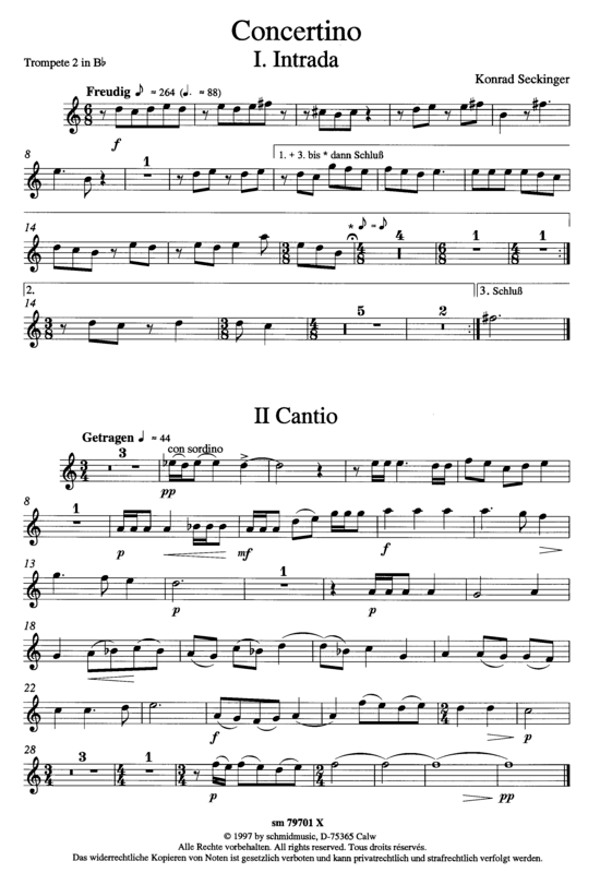 Concertino (Blechbl auml serquintett + Orgel) Trompete 2 in B (Quintett (Blech Brass)) von Konrad Seckinger (3 S auml tze)