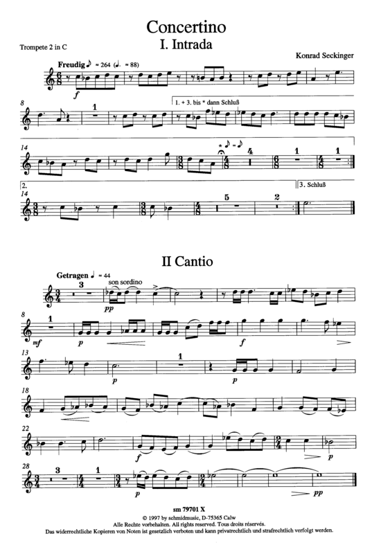Concertino (Blechbl auml serquintett + Orgel) Trompete 2 in C (Quintett (Blech Brass)) von Konrad Seckinger (3 S auml tze)