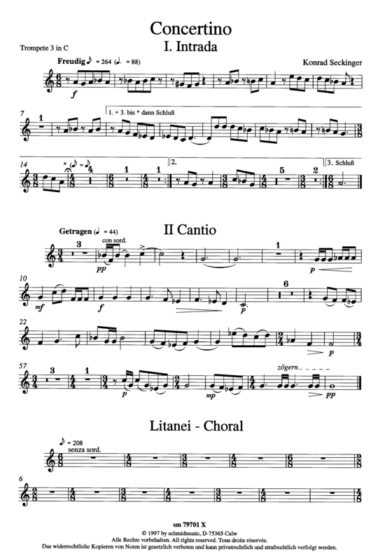 Concertino (Blechbl auml serquintett + Orgel) Trompete 3 in C (Quintett (Blech Brass)) von Konrad Seckinger (3 S auml tze)