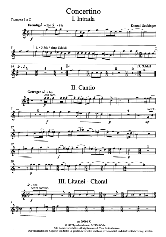 Concertino (Blechbl auml serquintett + Orgel) Trompete in C (Quintett (Blech Brass)) von Konrad Seckinger (3 S auml tze)