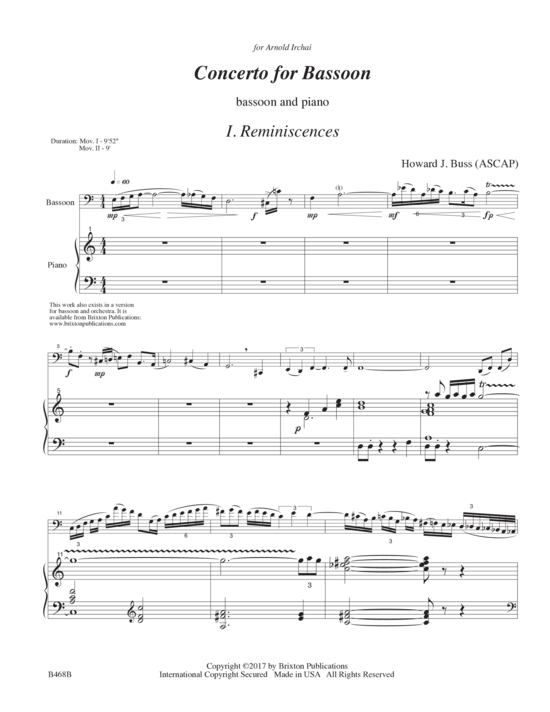 Concerto for Bassoon (Fagott und Klavier) (Klavier  Fagott) von Howard J. Buss