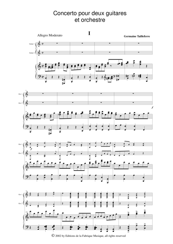 Concerto for two guitars and orchestra reduction for two guitars and piano (2x Gitarre + Klavier) (Trio (Klavier  2 St.)) von Germaine Tailleferre