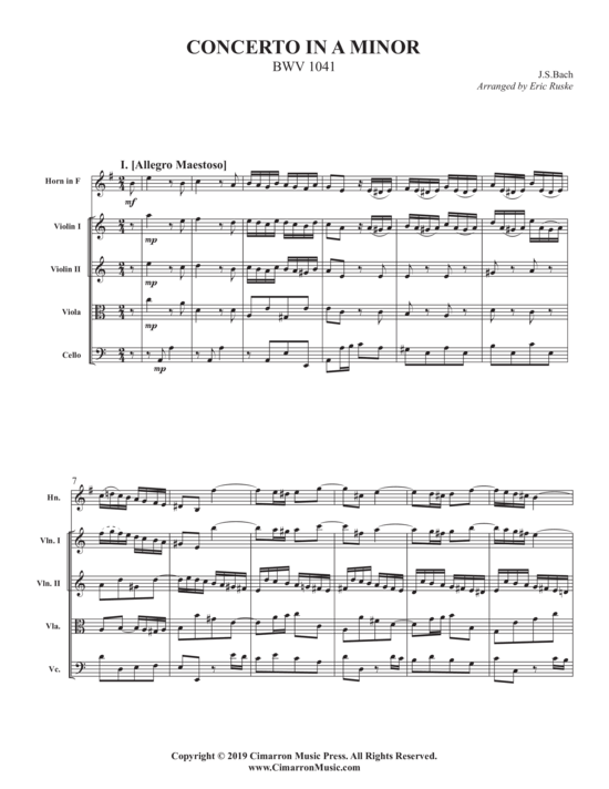 Concerto in a minor (Streicher Quartett + Horn in F Solo) (Quartett (Streicher)) von Johann Sebastian Bach