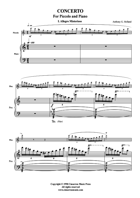 Concerto (Piccolo-Fl ouml te + Klavier) (Klavier  Querfl te) von Anthony Holland