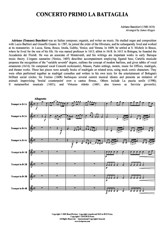 Concerto primo La Battaglia (Trompeten Ensemble) (Ensemble (Blechbl ser)) von Adriano Banchieri