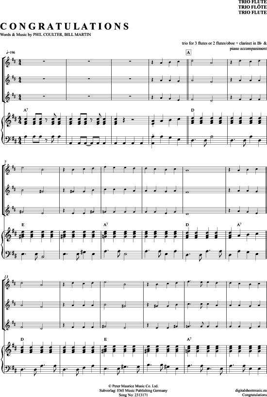 Congratulations (Fl ten Trio + Klavier) (Trio (Fl te)) von Cliff Richard