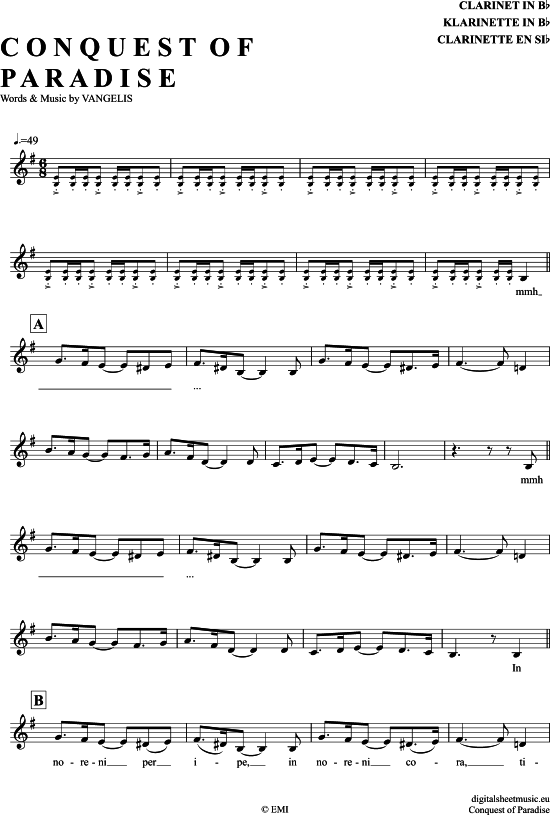 Conquest Of Paradise (Klarinette in B) (Klarinette) von Vangelis