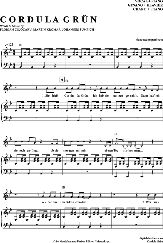 Cordula Gr n (Klavier Begleitung + Gesang) (Klavier Gesang  Gitarre) von Die Draufg nger
