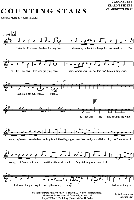 Counting Stars (Klarinette in B) (Klarinette) von OneRepublic