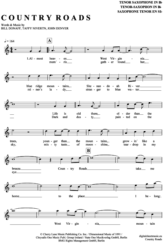 Country Roads (Tenor-Sax) (Tenor Saxophon) von John Denver