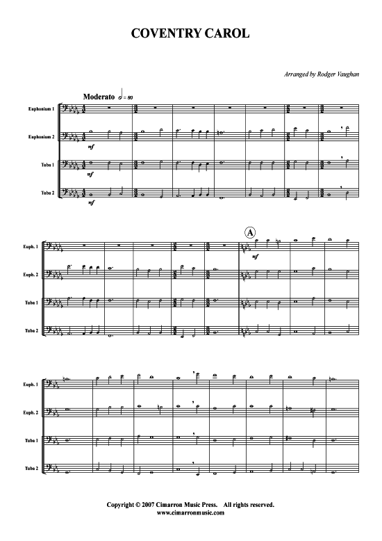 Coventry Carol (Tuba Quartett 2x Bariton 2xTuba) (Quartett (Tuba)) von Weihnachten