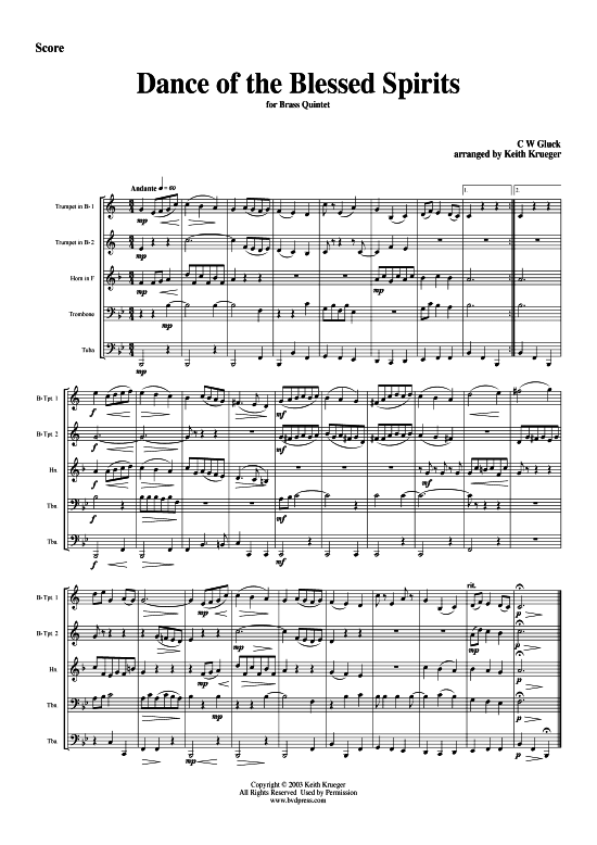 Dance of the Blessed Spirits (Blechbl serquintett) (Quintett (Blech Brass)) von Christoph Willibald Gluck (aus Orpheus und Eurydike)