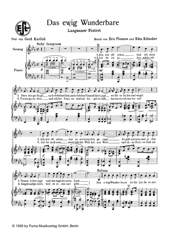 Das ewig Wunderbare (Klavier + Gesang) (Klavier Gesang  Gitarre) von Lied und Foxtrott