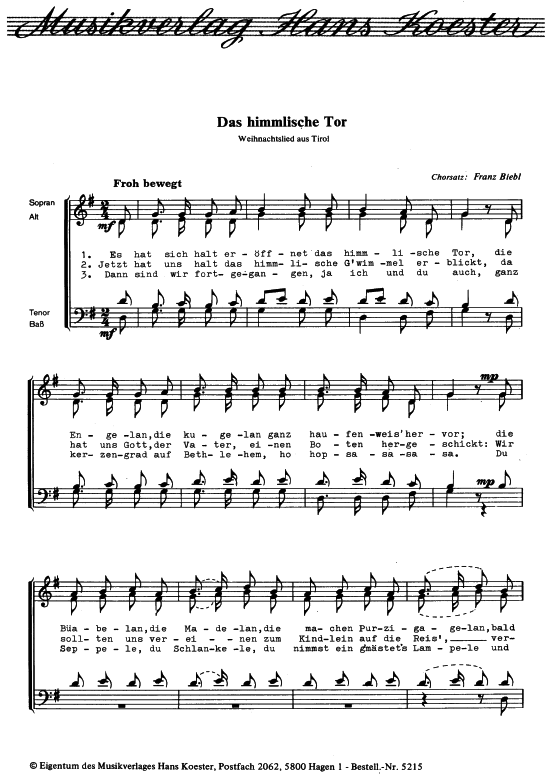 Das himmlische Tor (Gemischter Chor) (Gemischter Chor) von Volksweise aus Tirol (Satz Franz Biebl)